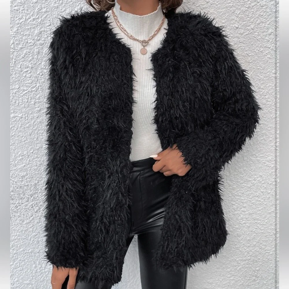 Cozy Faux Vegan Fur Open Front Jacket Coat Hot Pink - Picture 8 of 14